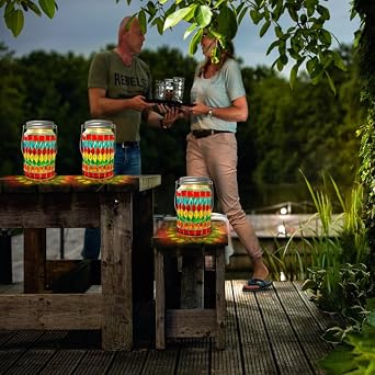 Masic Mosaic Solar Mason Jar Lantern, Decorative Garden Light with Shepherd's Hook, Multi-Coloured LED, 35 cm