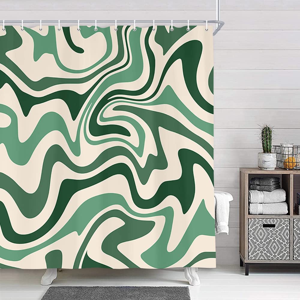Aesthetic 70S Abstract Wavy Swirl Shower Curtain, Cute Sage Green Bath Curtain - Image 2