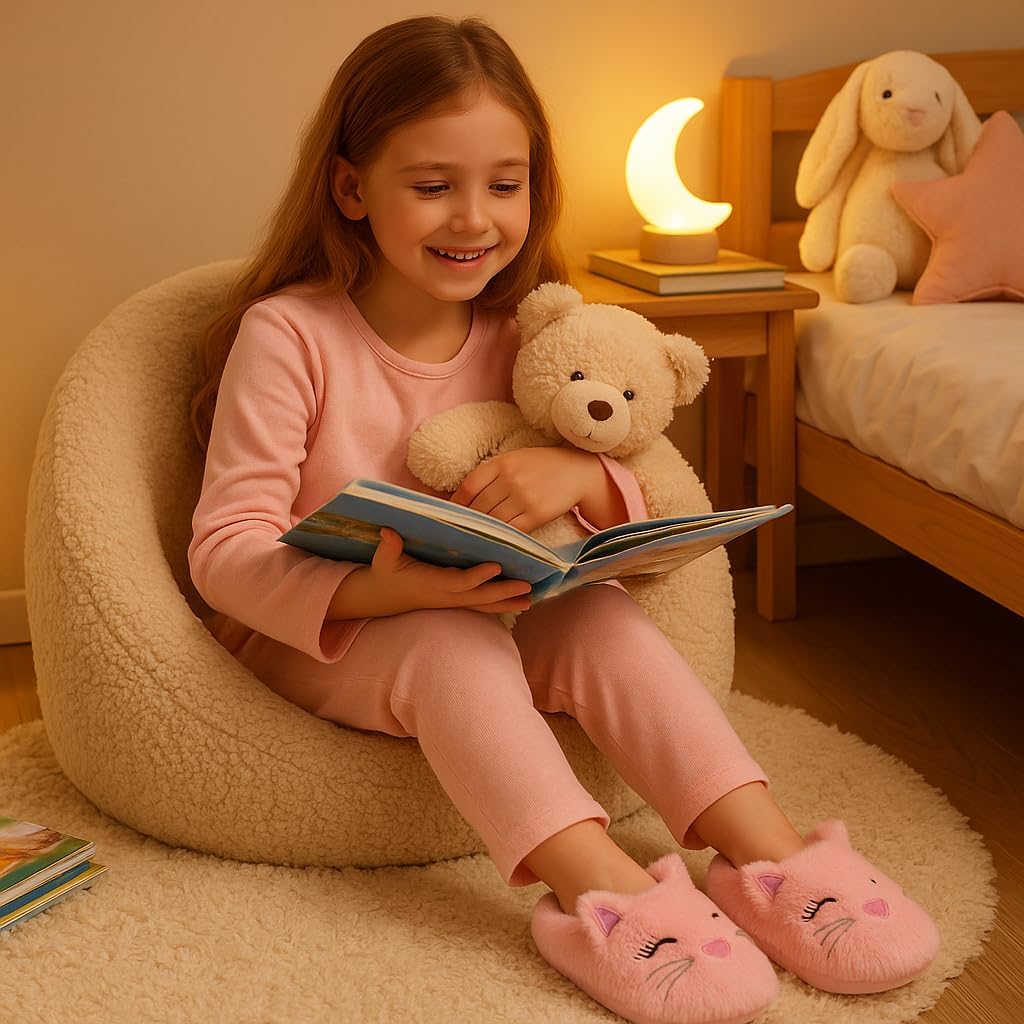 MEJORMEN Girls Cute Cat Slippers for Toddler Kids Fuzzy Slip-on Bedroom Shoes Warm Memory Foam Indoor House Slippers - Image 2