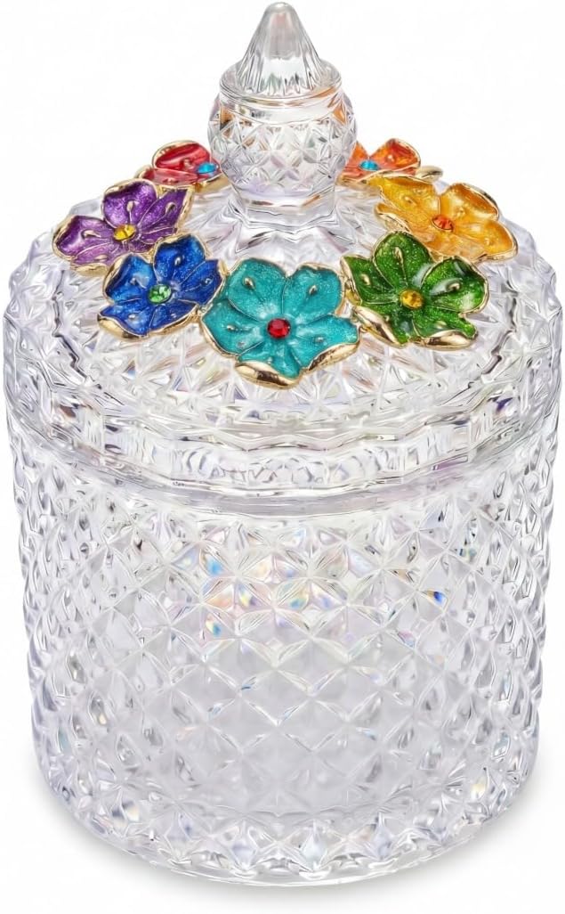 Hand-Painted Glass Candy Dish, Unique Rainbow Flower Decorative Jewelry Box, Crystal Trinket Jar for Vanity Decor, Glass Storage for Sweets & Jewelry, Ideal Gift for Women (20 oz)