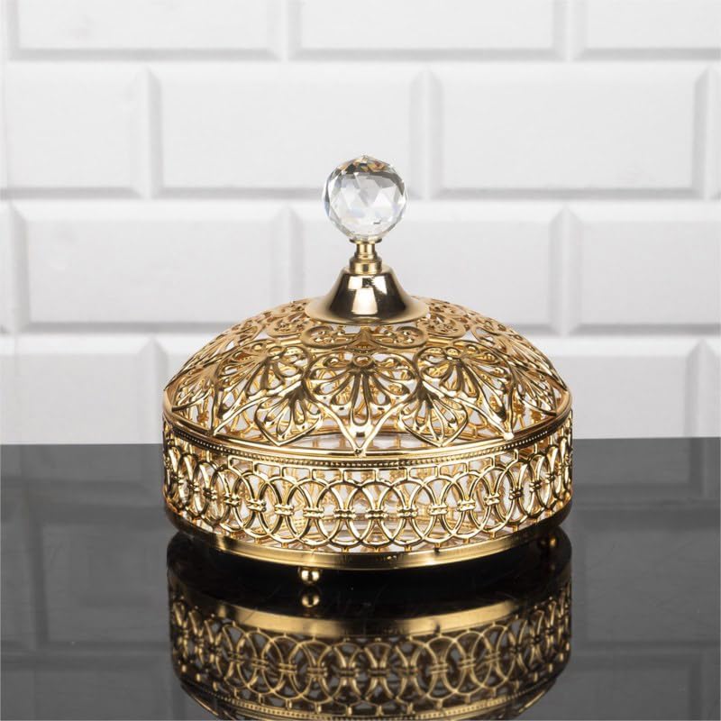 Hakan Candy Dish Bowl with Dome Lid & Crystal Top, Vintage Handmade Stainless Metal Decorative Mirrored Round Sugar Cubes Serving Bowl for Gift Party Home Kitchen Office Table Wedding, 6.3”, Gold