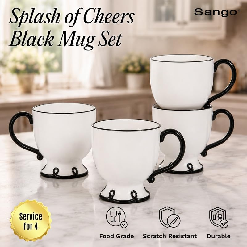Image of SANGO Splash of Cheers Large Mugs Set of 4, 16 oz Stoneware Black and White Coffee Mugs, Ceramic Drinkware for Coffee or Tea, Durable Everyday Cups, Dishwasher & Microwave Safe, Scalloped Mug Set