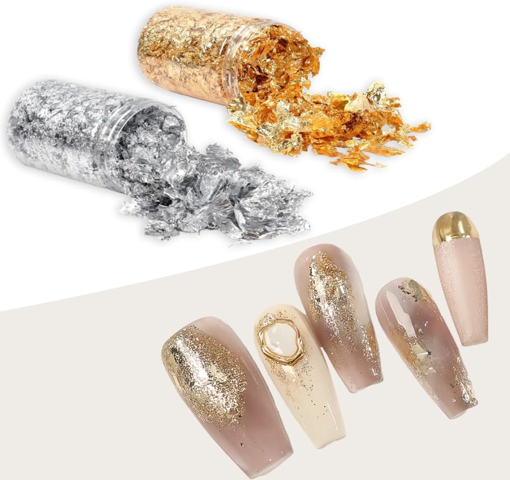 Gold Flakes for Resin Art, One Bottle 10g Metallic Foil Flakes with Bamboo Tweezers for Jewelry Making Epoxy Crafts Cake Decorating Nail Art Painting Makeup(Gold, Silver Colors)