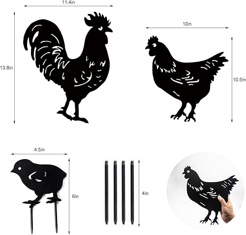 Miniatura 5 de TT & MM Decoración de metal de pollo para patio, 3 piezas, decoración de gallo, estacas de jardín, regalos de pollo de jardinería para