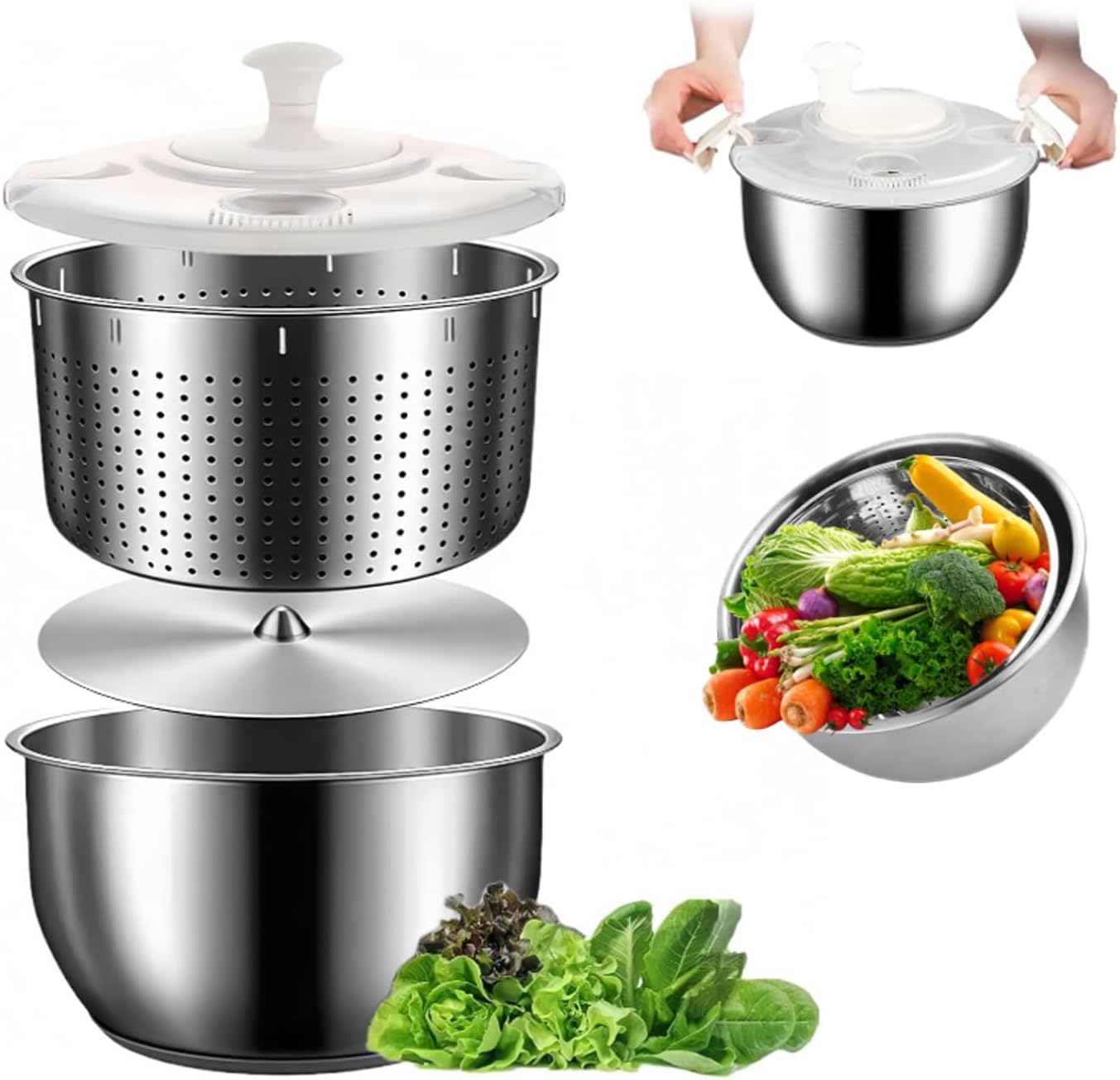 6L-Stainless Steel Salad Rotator, Non-Slip Base, Vegetable Dishwasher, Multi-Use Lettuce Spinner, Kitchen Strainers.