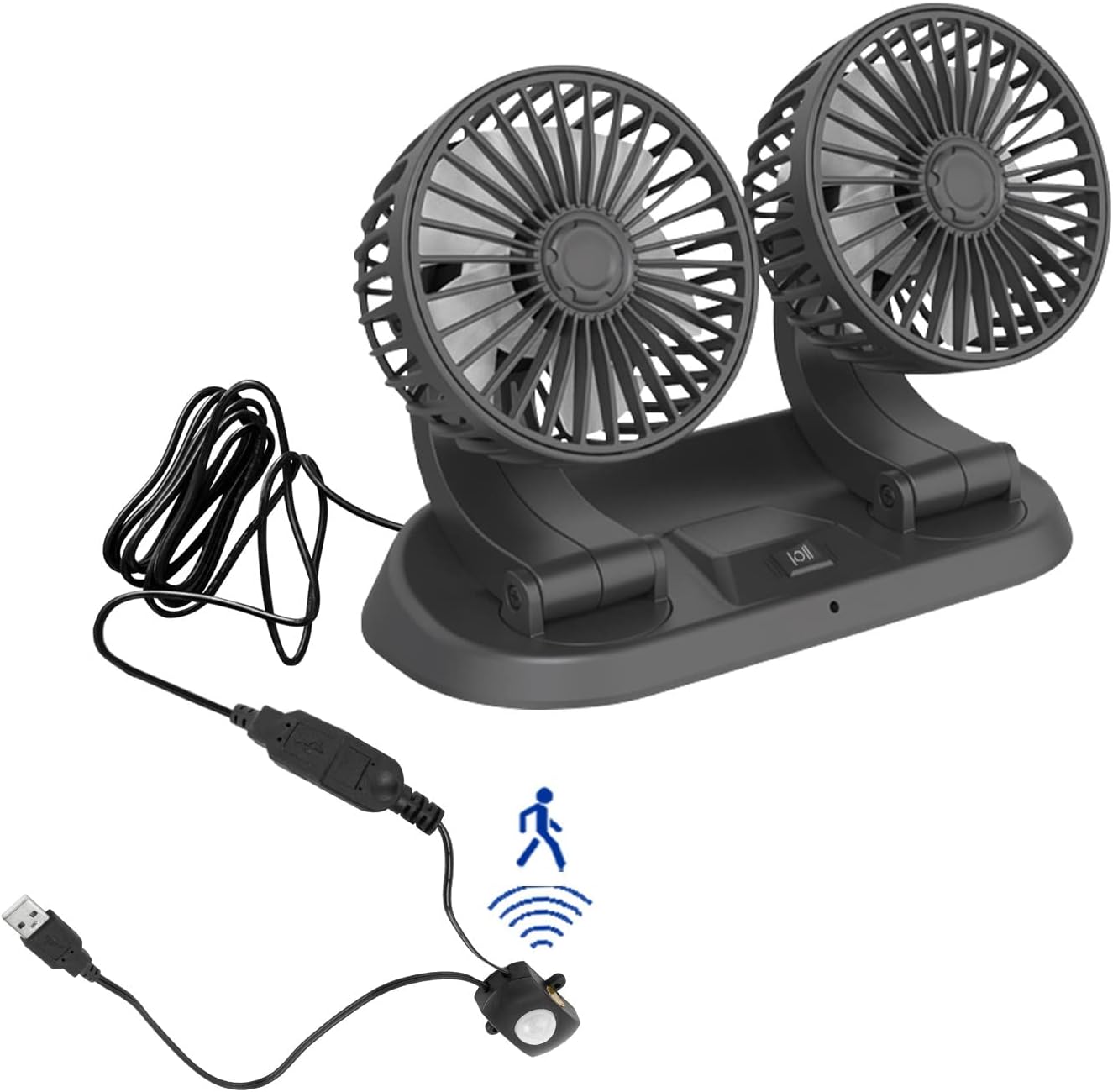 5V Car Fans USB-Powered Car Cooling Air Fan Powerful Double Car Fan Rotatable Fan with Motion Sensor Automitically On/Off Two Speed Governing Fan for Truck Vehicle Boat Van SUV RV - Black