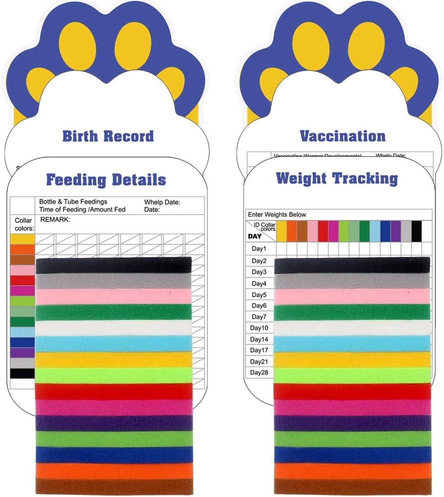 30 Pcs/Set Puppy ID Collar with 4 Record Keeping Charts- Double Sided Soft Identification Bands - Adjustable Whelping Collars for Newborn Pets - 15 Colors