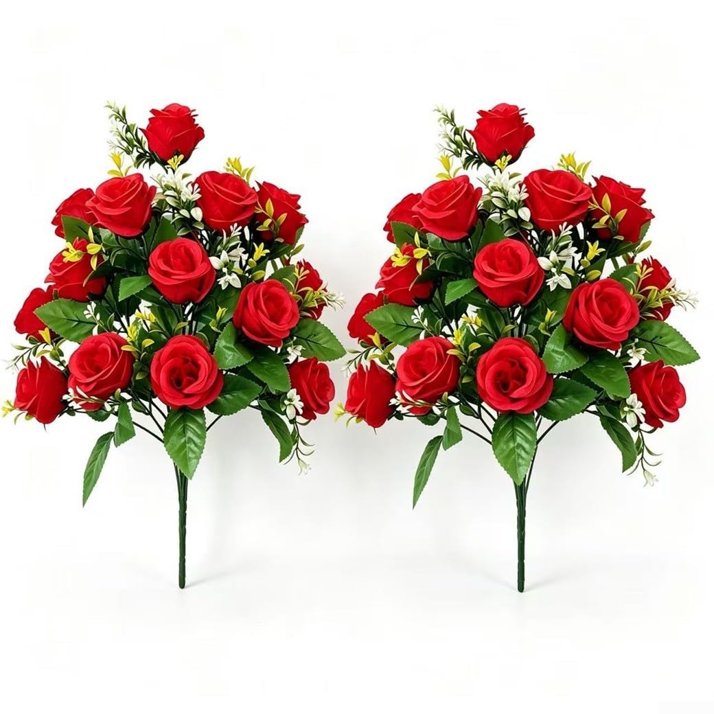 Roses artificielles en soie rouge 42 cm résistantes aux UV pour décoration extérieure