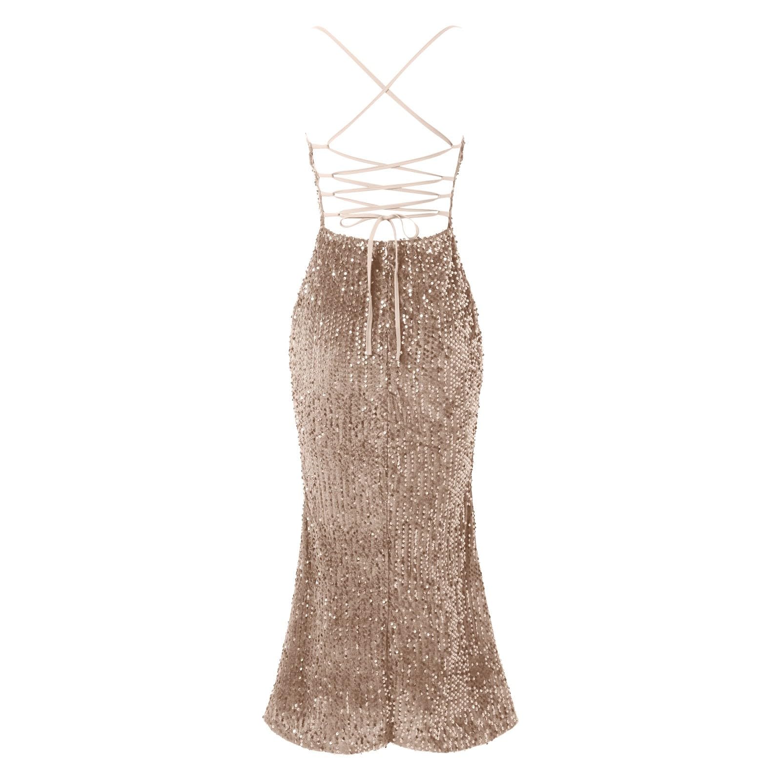 Elegante Abito Formale da Donna con Vita Alta, Design Sexy con Paillettes e Spacco, Perfetto per Damigelle d'Onore ed Eventi serali.