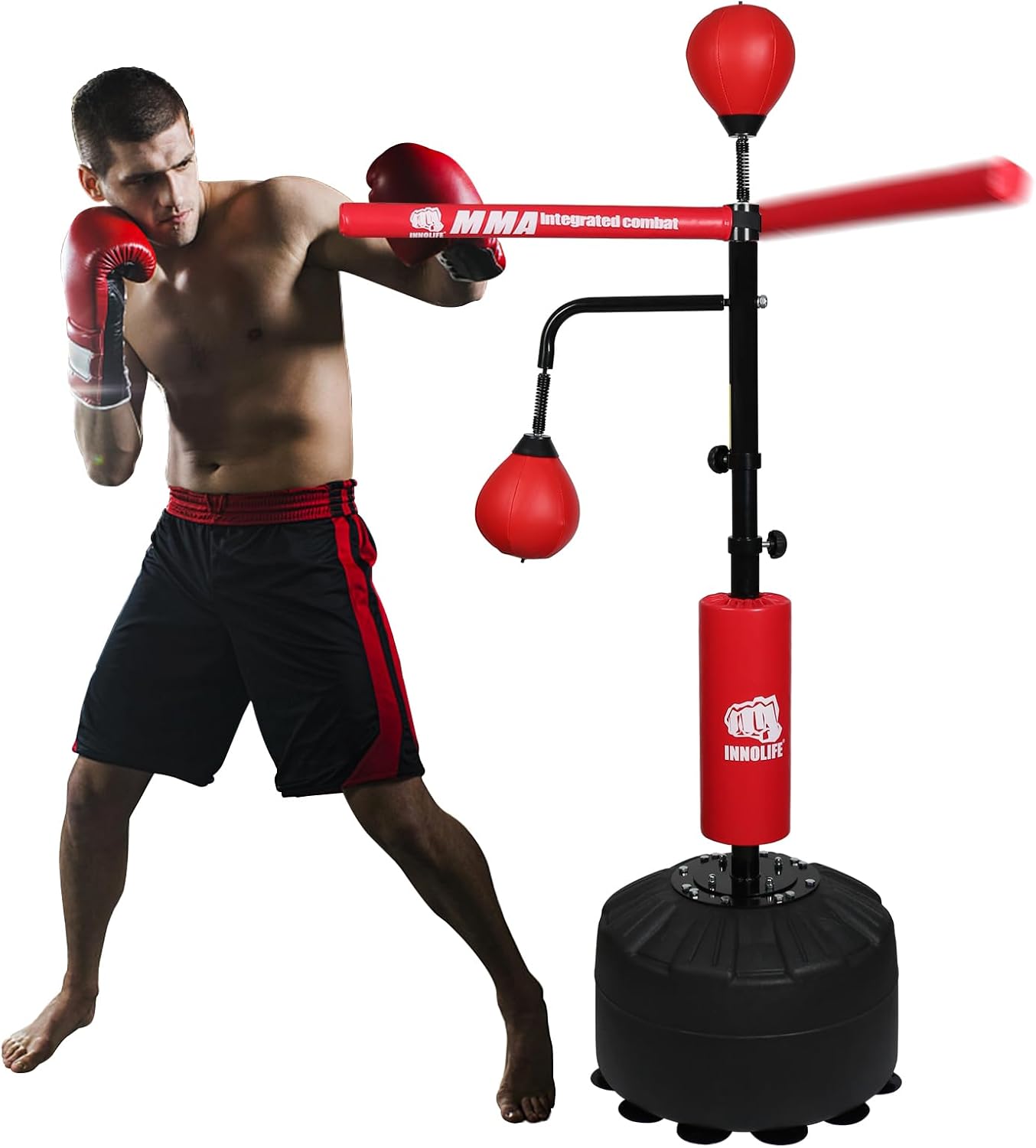 Pro Boxing Training Set - Adjustable 82-Inch Spinning Bar with Reflex Ball & Punching Bag for Adults/Kids (Red)