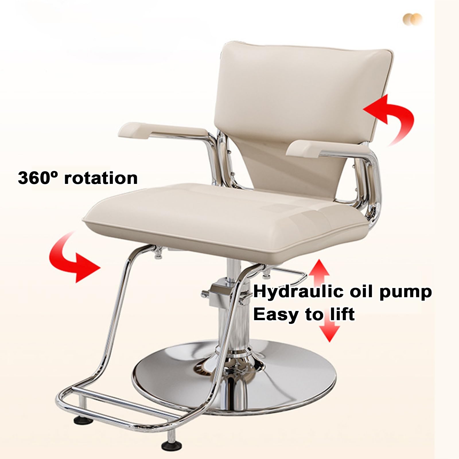 Niedrogie krzesło do salonu z podłokietnikami, obracany o 360°, hydrauliczny, skórzana, tapicerka, srebrna podstawa ze stali nierdzewnej i podnóżek, do salonu fryzjerskiego (szary)