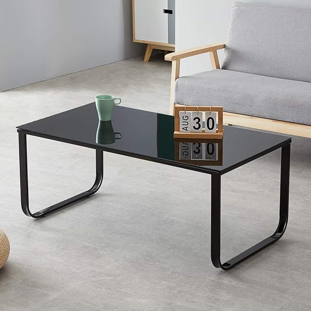 OFCASA Black Glass Coffee Table with Metal Legs Modern Design Coffee Table Storage Side Table for Living Room