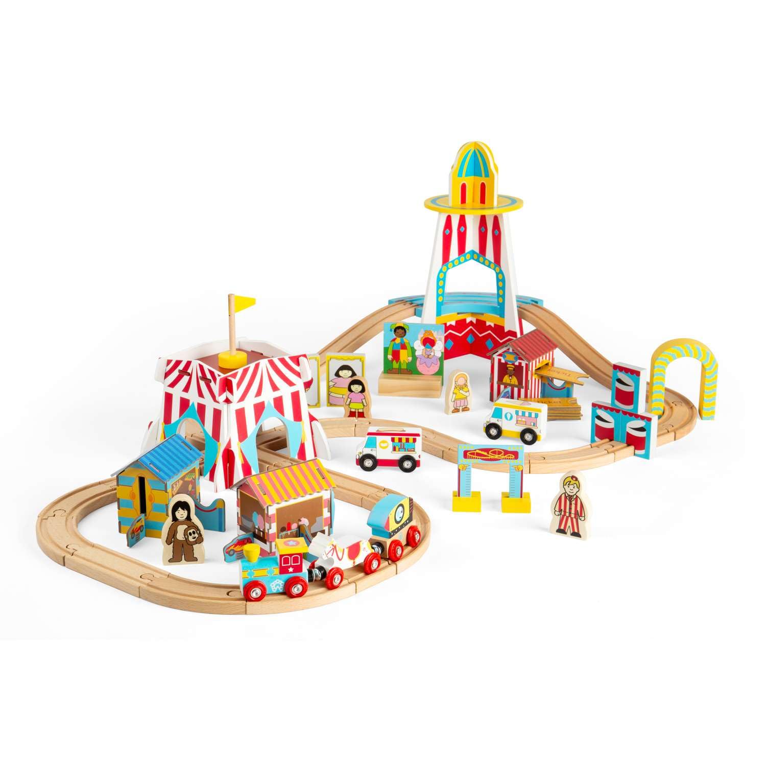 Bigjigs Rail Fun Fair Train Set, Juego de Trenes de Carnaval de 54 Piezas, Trenes y ferrocarriles de Madera sostenible para niños de 3+ años.