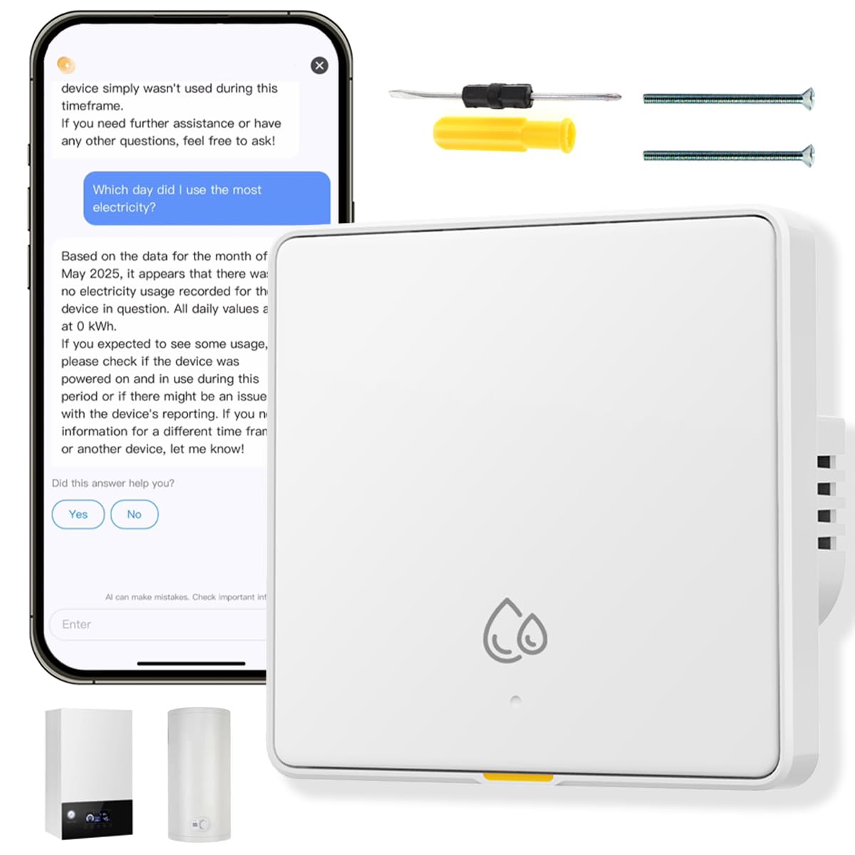 Chauffe-eau Electrique Interrupteur intelligent 20A 4000W WiFi Interrupteur pour Chauffe-eau Electrique avec statistiques de consommation électrique de l'assistant AI, blanc