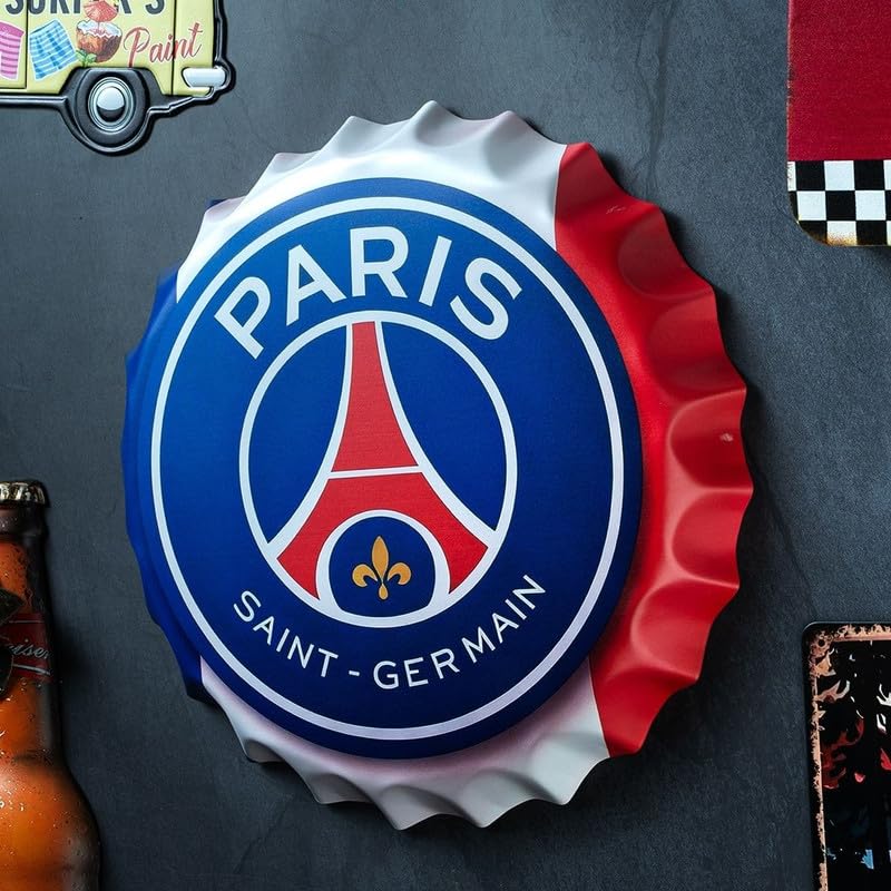 Image of EAZYWAGON Decorative Metal Bottle Caps Wall Sign Plates - 14X14 Inches - Paris Saint-Germain | Metal Wall Hanging Bottle Cap for Home, Farmhouse, Bar & Cafe Decoration | Vintage & Retro Look Plaques
