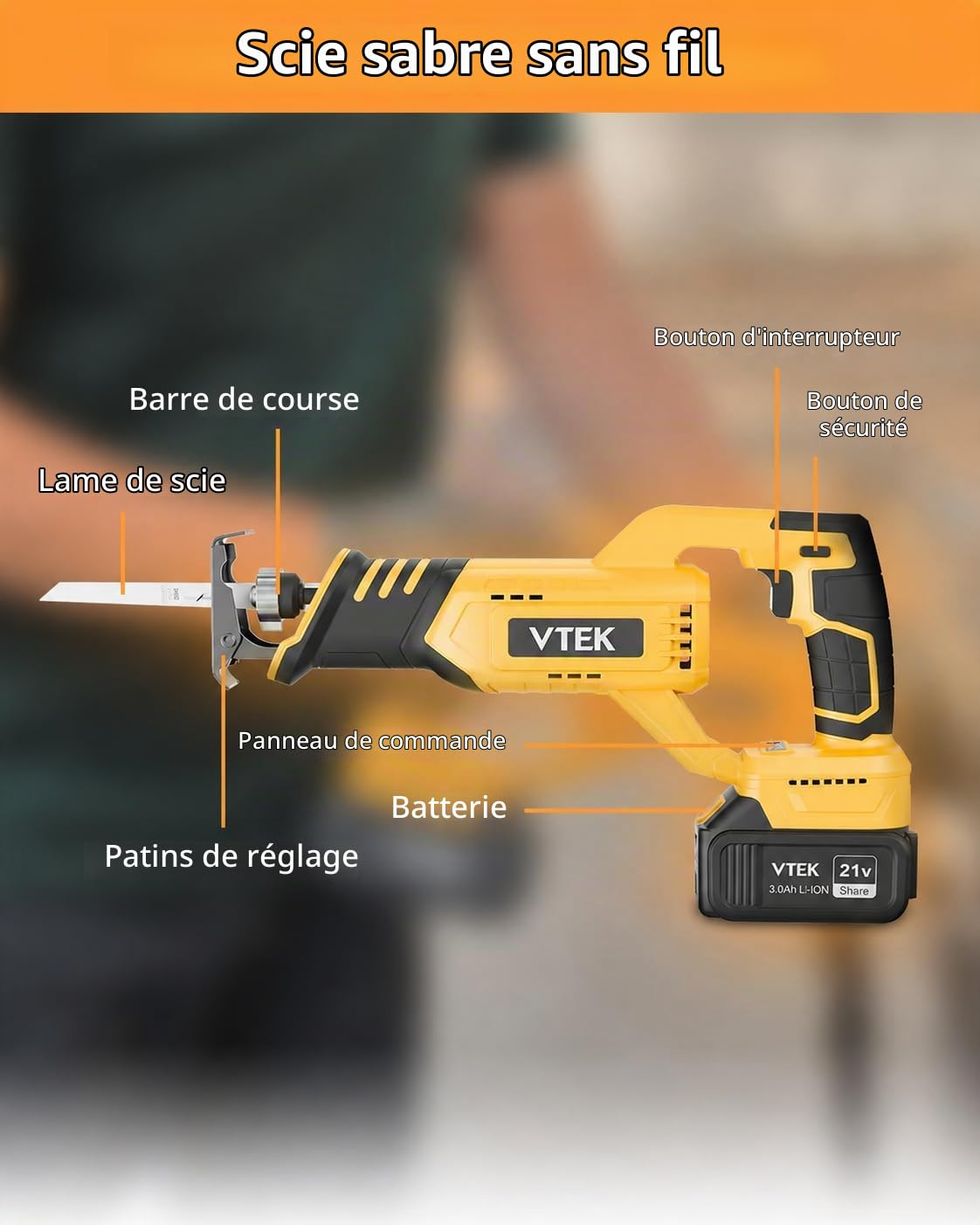 Scie sabre sans fil VTEK 20V, 3 vitesses variables, 0-3000 tr/min, Scie alternativeavec 2 batteries,pour la découpe du bois, du métal et du plastique.