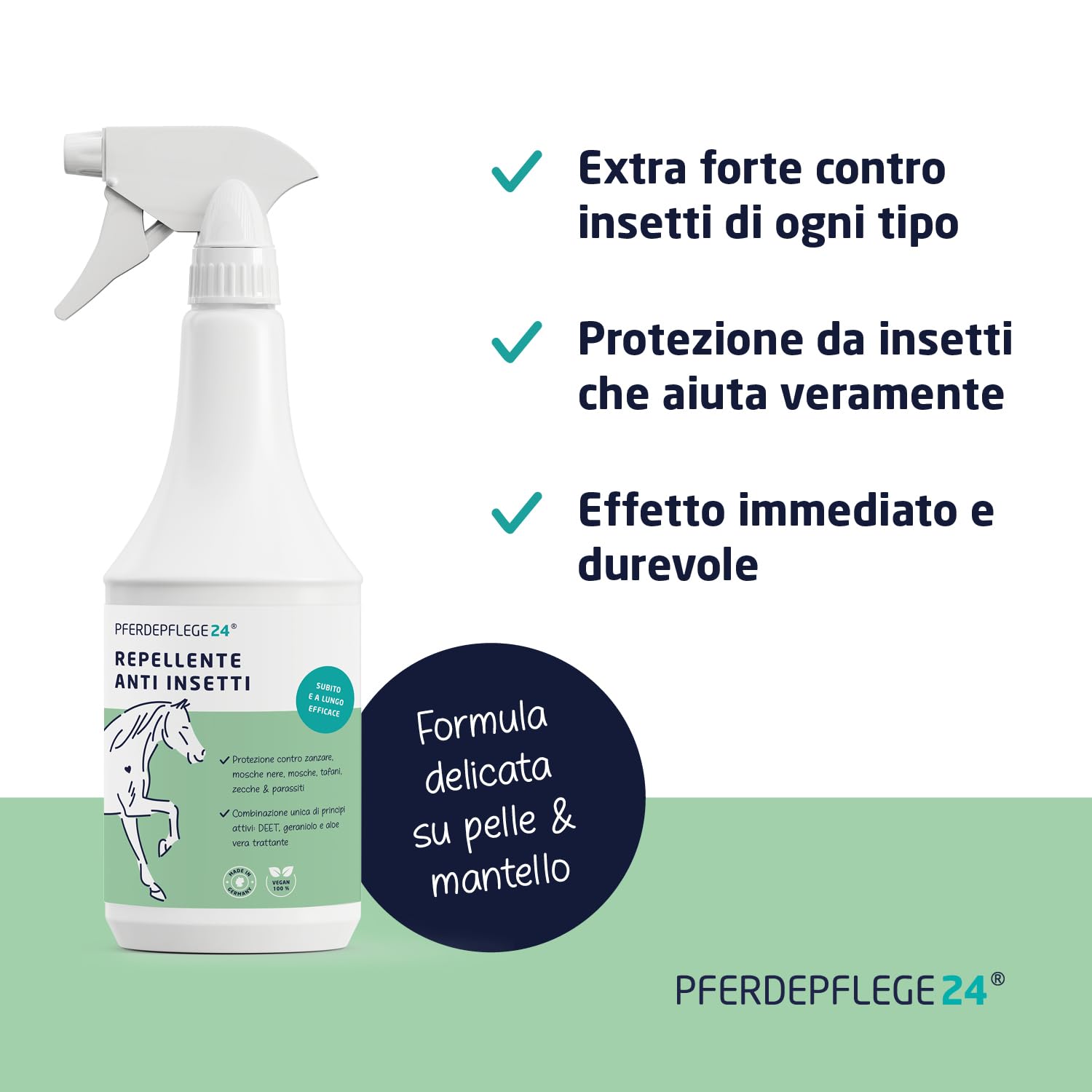 PFERDEPFLEGE24 Repellente Insetti Cavallo Spray 1l - Protezione immediata, con Aloe Vera trattante - Effetto di Lunga Durata Contro tafani, zanzare, Mosche e zecche - antimosche Cavalli