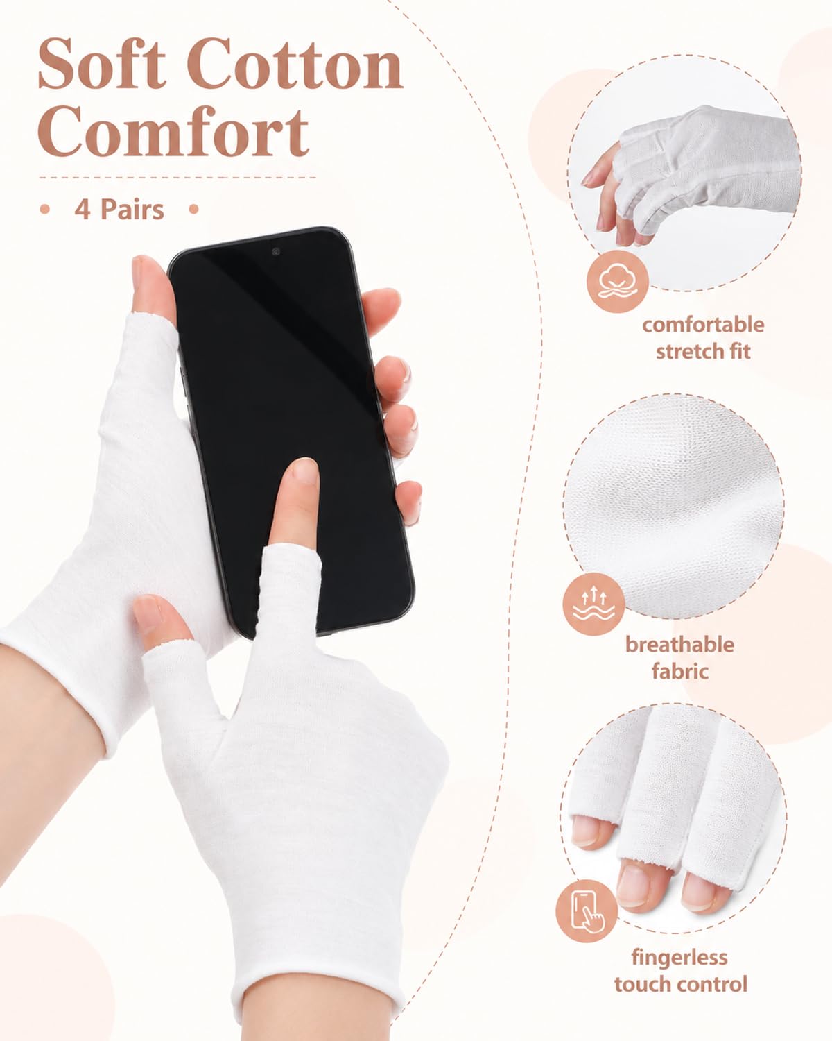 4 Paia Guanti di Cotone Senza Dita, Guanti Protettivi UV per Lampade Gel Unghie, Guanti Sottili per Mani Secche, Touchscreen Trattamento Spa (Bianchi)