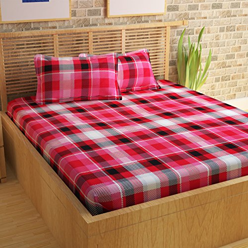 Image of Story@Home Magic Collection 152 TC Cotton Bedsheet for Double Bed with 2 Pillow Covers, Red, Checks (Bedsheet : 225 X 250 cm & Pillow Cover : 46 X 69 cm)