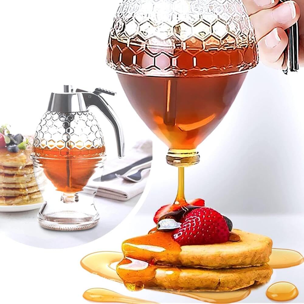 Amuer 200ML Honey Dispenser,No Drip Clear Honey Jar with Stand Beautiful Honeycomb Shaped Pot and Maple Syrup Dispenser Sauces Dispenser Oil Dispenser Bee Decor Honey Bottle with Flip Top Lid