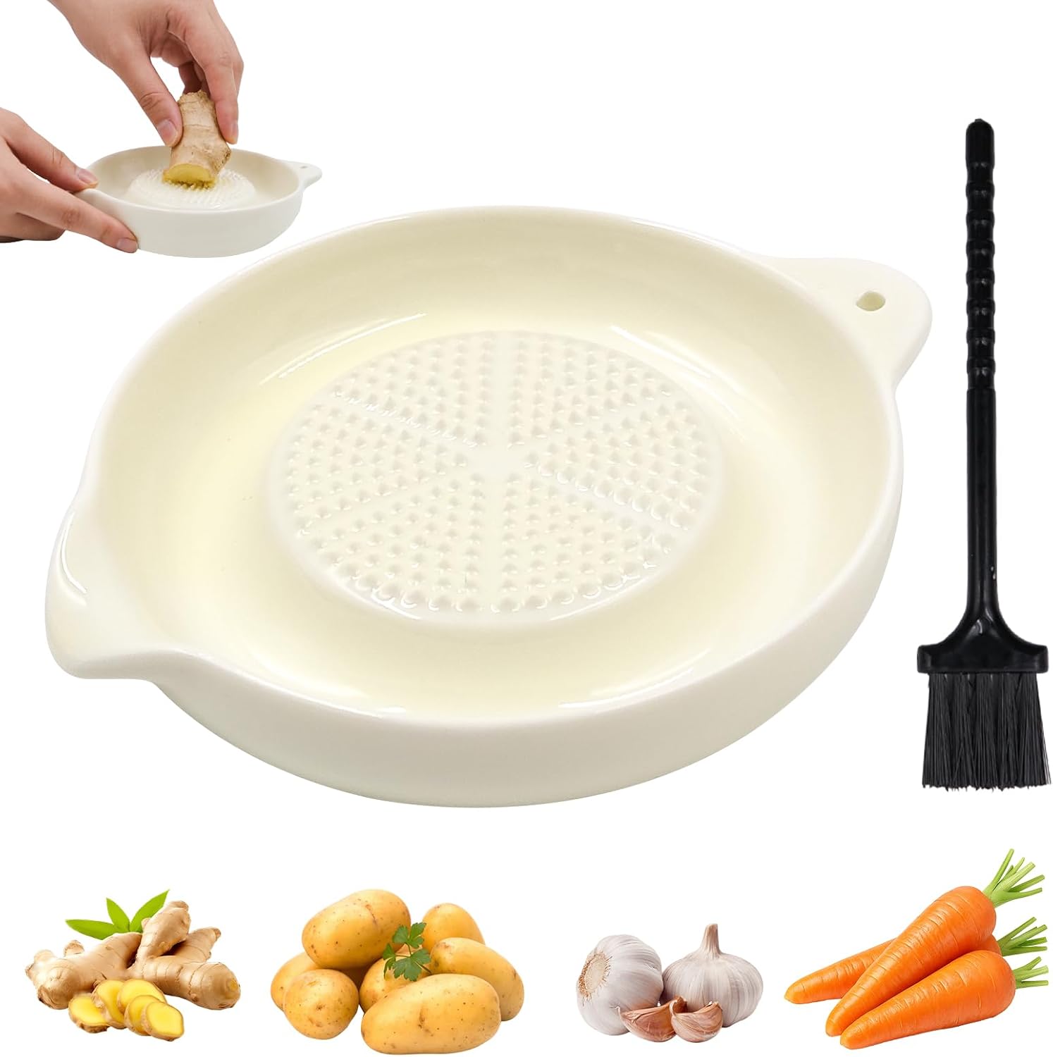 Tarka ceramiczna, ceramiczna tarka do imbiru, okrągła, porcelanowa, talerz do tarcia, imbir, czosnek, tarka ceramiczna z pędzlem, dla rodziny, kuchni, przecieru jabłkowego, cytryny, imbiru, soku
