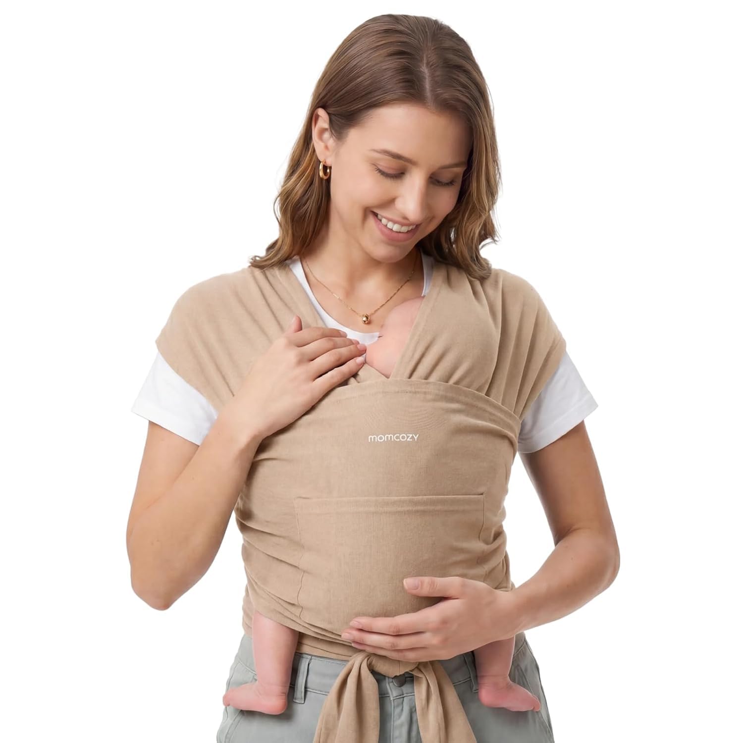 Momcozy Baby Wrap Carrier - Easy to Wear Infant Carrier Slings, Lightweight Hands Free Baby Sling, Adjustable Baby Wraps Carrier for Newborn to Toddler 3.6-15.8 kg, Baby Travel Gear, Light Curry-image-39