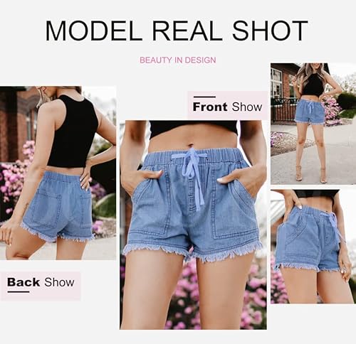 Dokotoo Womens Ladies Casual Summer Frayed Tencel Comfy Drawstring Elastic Waist Denim Jean Shorts For Women Shorts For Summer Pants With Pockets Blue Large #TOP3