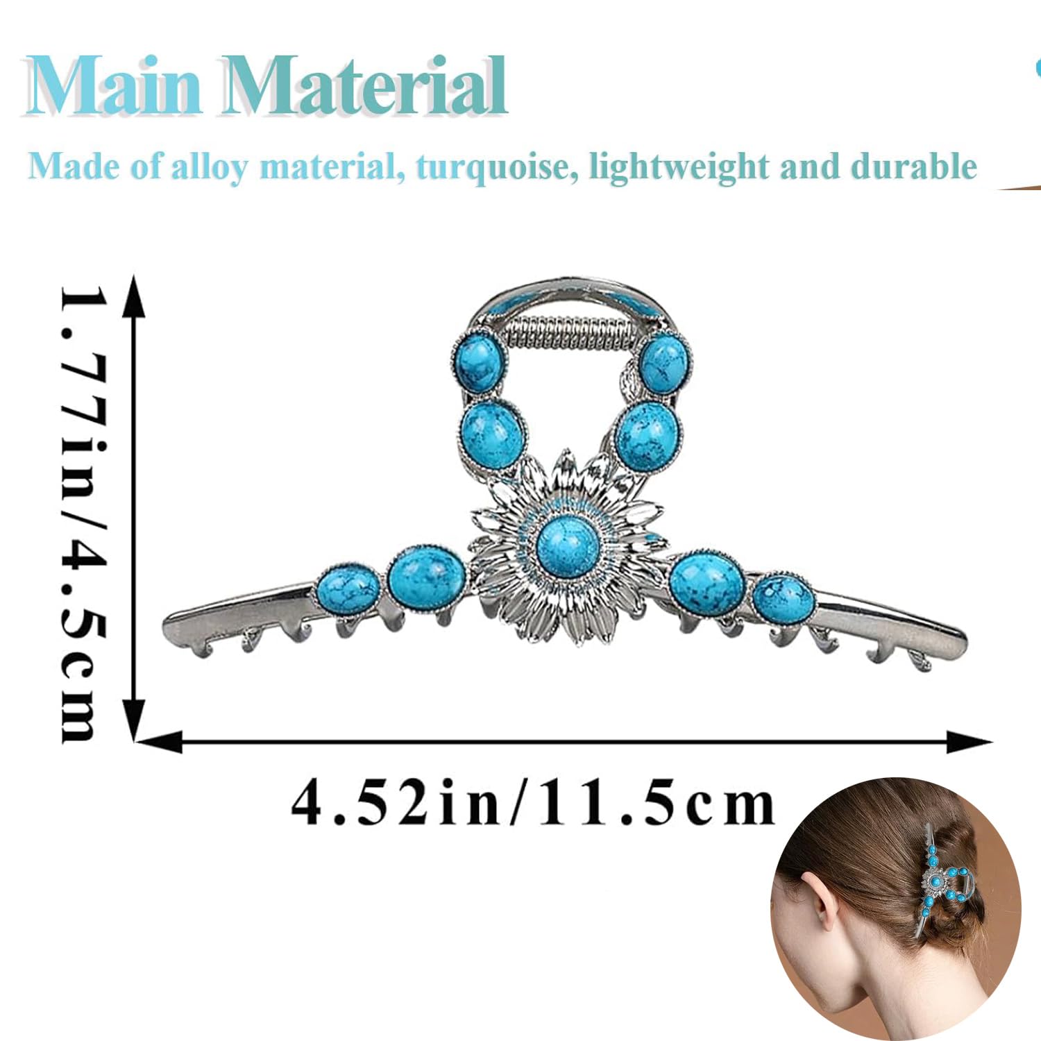 Western Hair Clips Extra Large Silver Turquoise Blue Stone Sun Metal Claw Clip Ponytail Holder Hair Claw Western Style Hair Accessories for Women Girls - Image 2