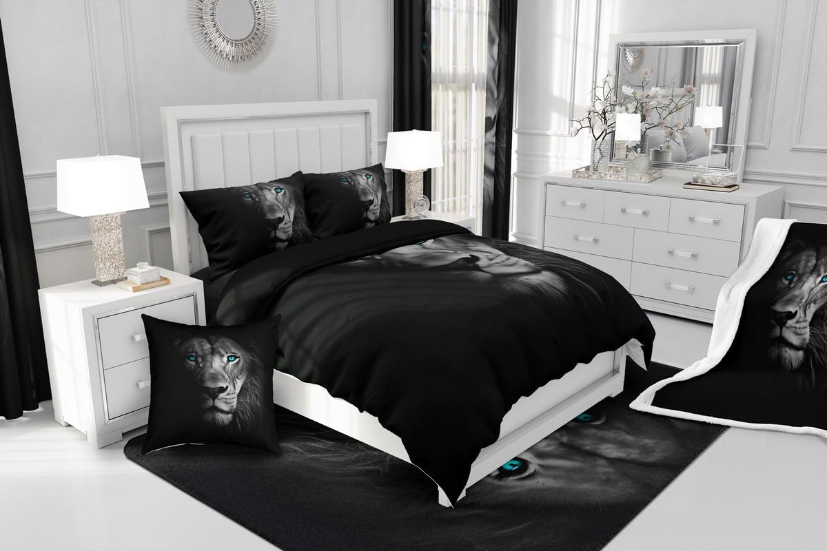 Erosebridal 3D Lion Bedding Set Twin Size Cool Wildlife African Pattern Duvet Cover Kids Teens Boys Animal Series Bedspread Quilt Simple Style Soft Microfiber Comforter Set for Adults Men