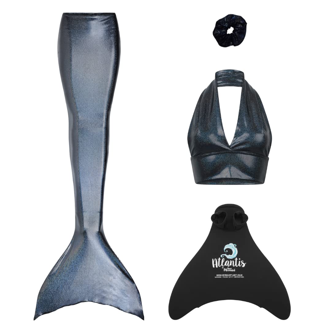 Mermaid Planet Women's Midnight Moon Sparkle Siren Deluxe Adult Mermaid Tail Set In Includes Swimmable Tail, Bikini Top, Scrunchie & Atlantis Monofin, Uk 10-12