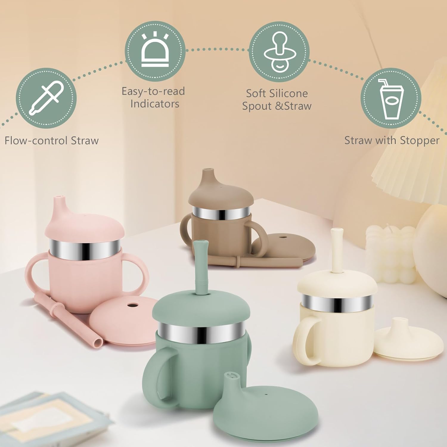 Baby Sippy Cups, 7.4 Oz Stainless Steel Training Cup with Silicone Straws, 3 Stages for Infants Toddlers 6-12 Month and Kids 1-3 Year, 4 Colors - Image 3