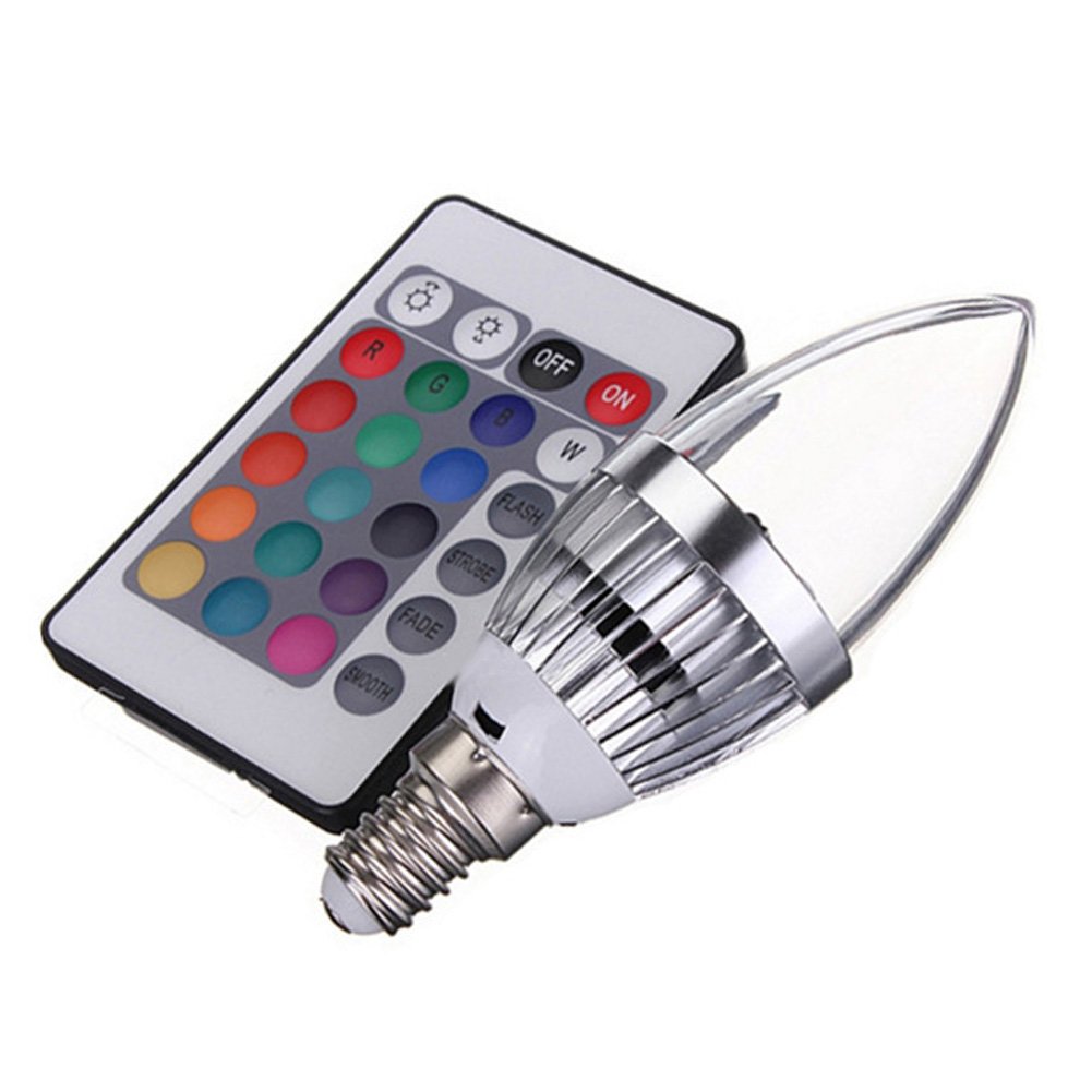 E14 3W RGB 3LED Candle Light Lamp 16 Color Changing Dimmable Candelabra Candle Light Energy-Saving Spotlight Bulb Lamp Soft Light with 24Key Remote Controller