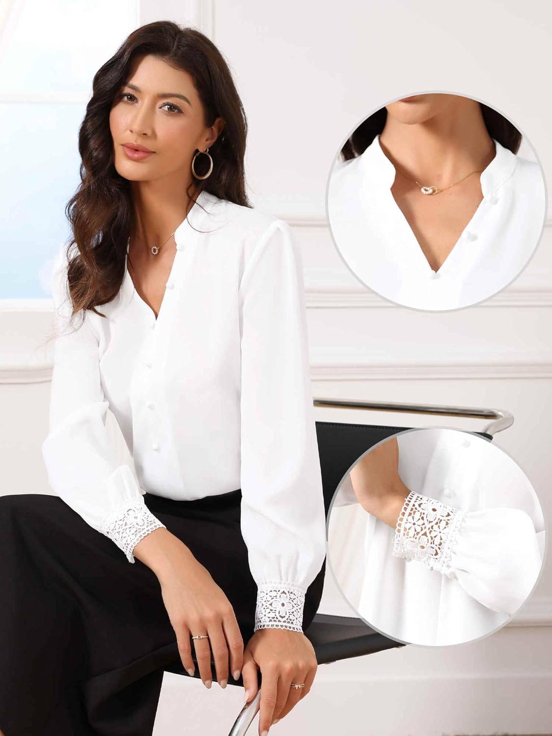 Allegra K Long Sleeve Dressy Shirt for Women's Lace Cuff Office Blouse - Image 4
