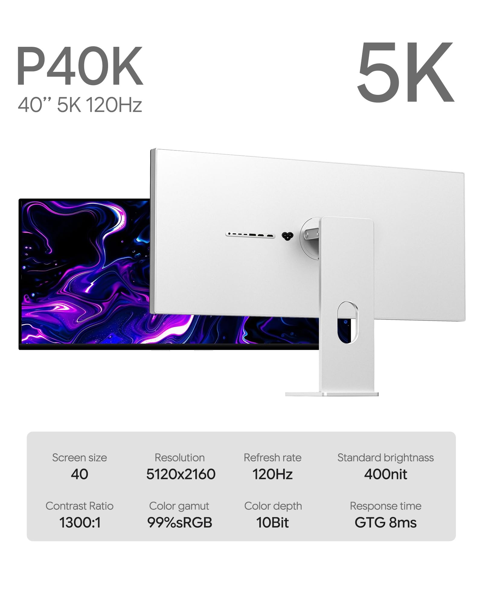 P40K 40-calowy monitor gier UHD 5K (5120 x 2160), 120Hz, panel IPS, 10-bitowa głębia kolorów, 99% sRGB, 98% DCI-P3, HDR, stosunek kontrastu 2000:1, ochrona oczu (Honeycomb - with Stand)