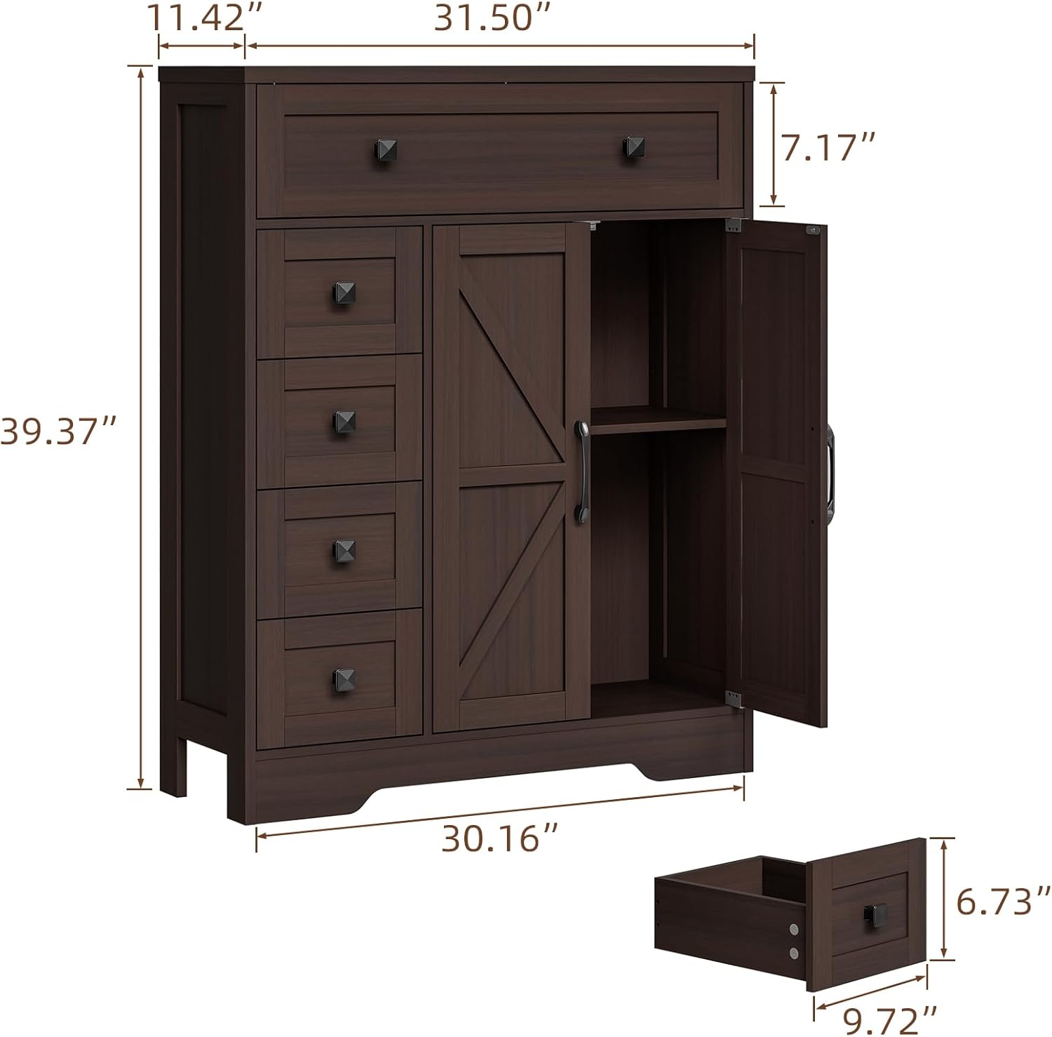 Vabches Farmhouse Storage Cabinet with 2 Doors and 5 Drawers, Freestanding Bathroom Cabinets Kitchen Pantry, Floor Storage Cabinet Hutch Cupboard for Living Room/Bathroom/Kitchen.（Espresso