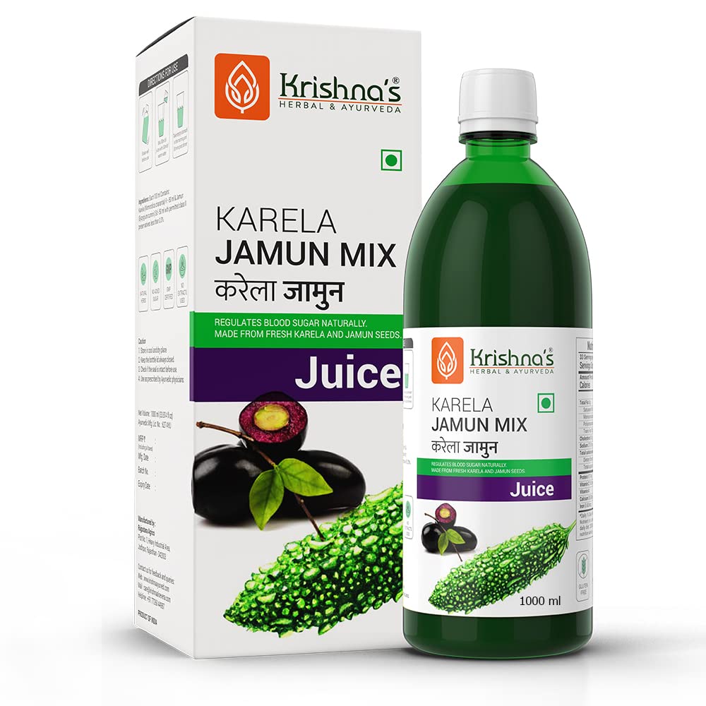 Krishna's Karela Jamun Mix Juice - 1000 ml | Fresh Karela & Jamun Seed | Ayurevedic Formulation to maintain Sugar Level | Enriched with Vitamin C - Vitamin A| Sugar free Juice with No Added Color or Flavour