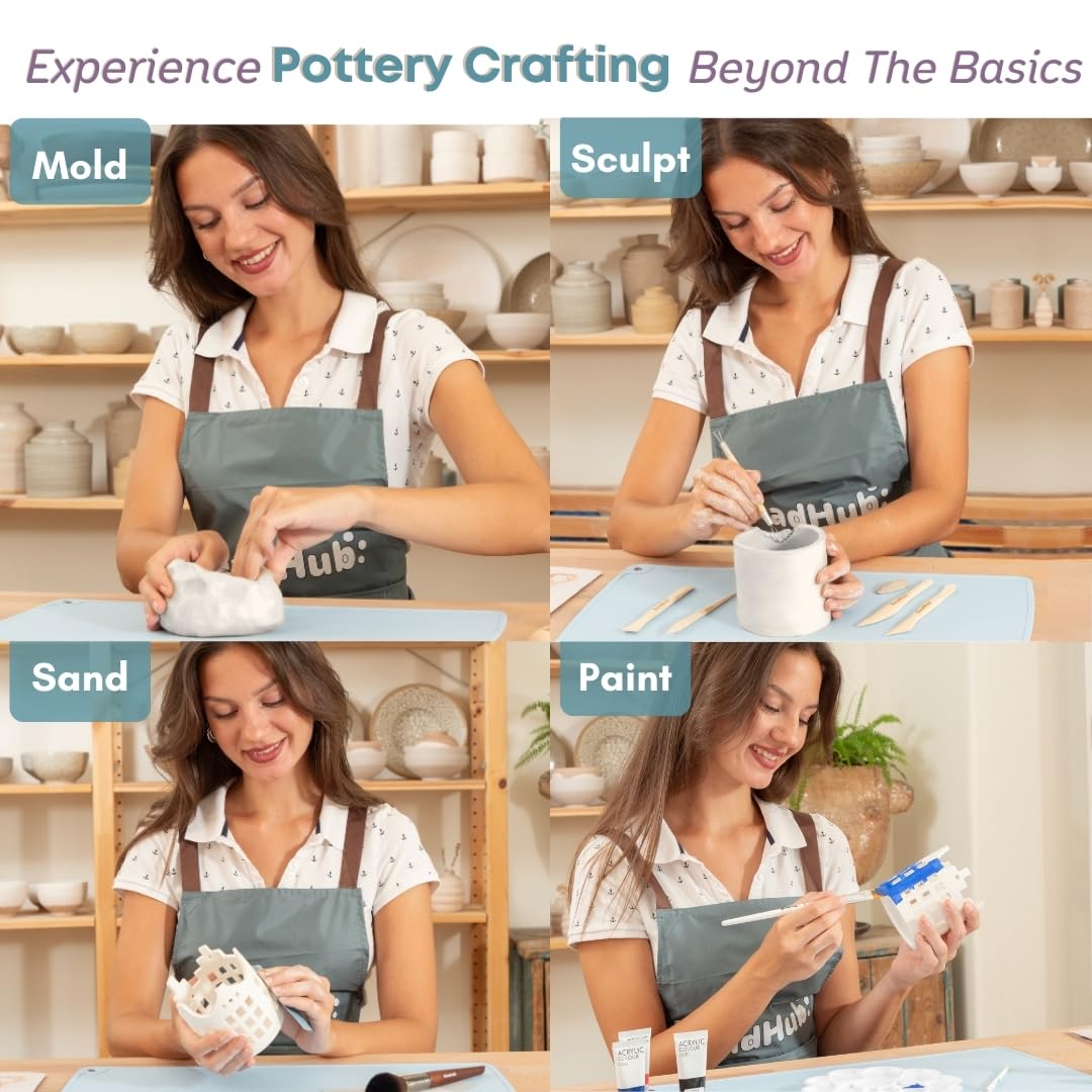 Pottery Kit for Beginners, 4.4LBS Air Dry Clay for Adults with Sculpting Tools, Paint, Glaze, 2kg Air-Dry Modeling Clay | Molding, Sculpt & Painting Set, Hobby Date Night DIY Art Craft Kits (White)