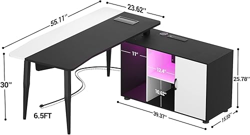 Miniatura 2 de Escritorio en forma de L con archivador y toma de corriente, escritorios de esquina grandes de 55 pulgadas con tira de luz LED, escritorio para