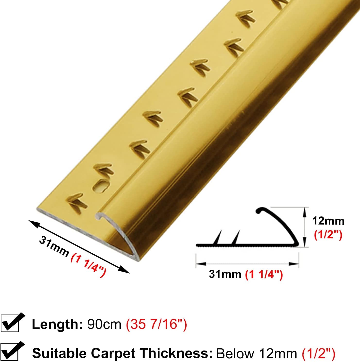 Metal Carpet Edge Trim Strip, Carpet to Floor Transition Threshold Strip, Cuttable Carpet Edging Protector Bar, Mounting Screws Included (Gold)