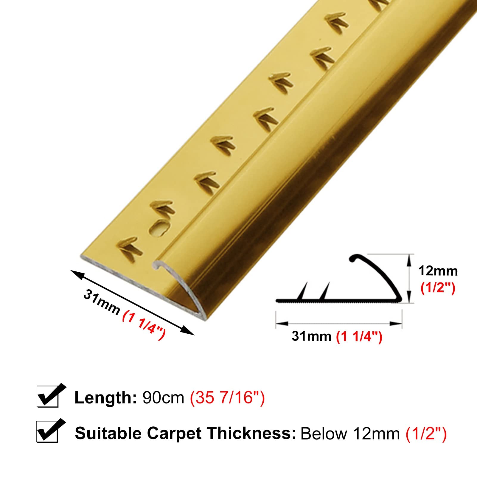 Schwellenleiste Teppichkanten-Zierstreifen, Teppich zu Fliese/Boden/Holz, Bogen-Teppich-Kantenschutzstreifen mit Schrauben, Glatte Übergänge (Color : Gold)