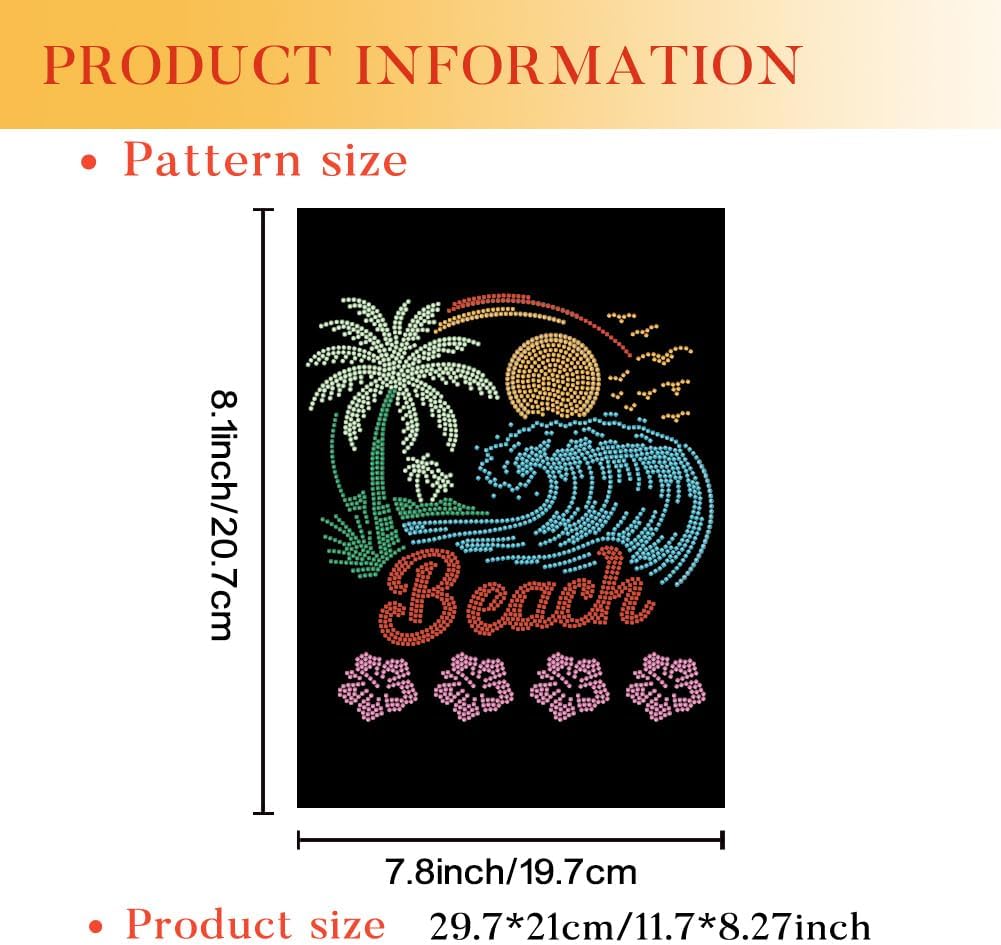 1 Pcs Beach Palm Iron on Rhinestones Transfer, Sea Wave Summer Hot Fix Iron on Patch Transfer Decals Crystal Heat Transfer Clothing Repair Decor for T-Shirt Hat Jacket Holiday Party image 2