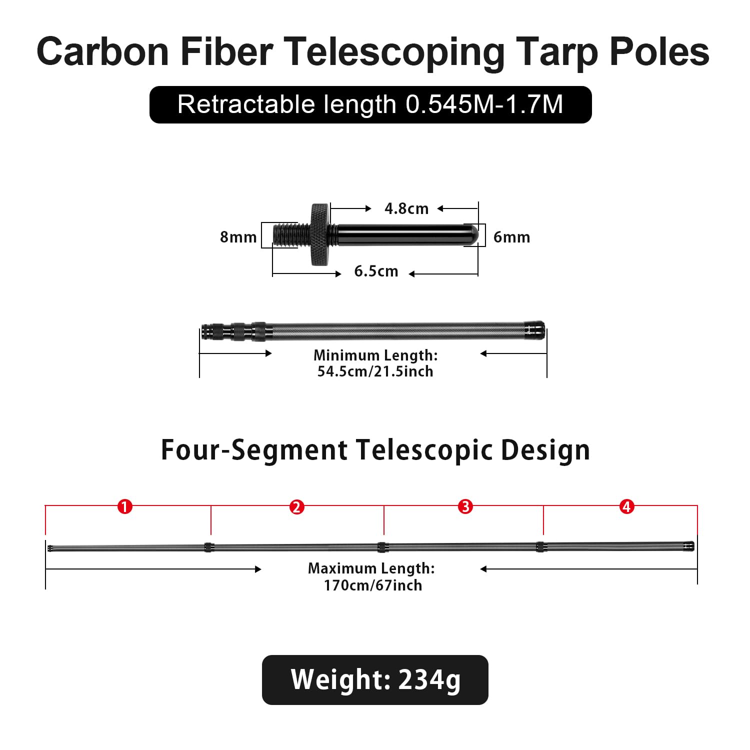 Postes telescópicos de lona resistentes ajustables, postes de fibra de carbono, portátiles y ligeros para tienda de campaña, toldo, camping al aire libre, senderismo, 5.6 pies