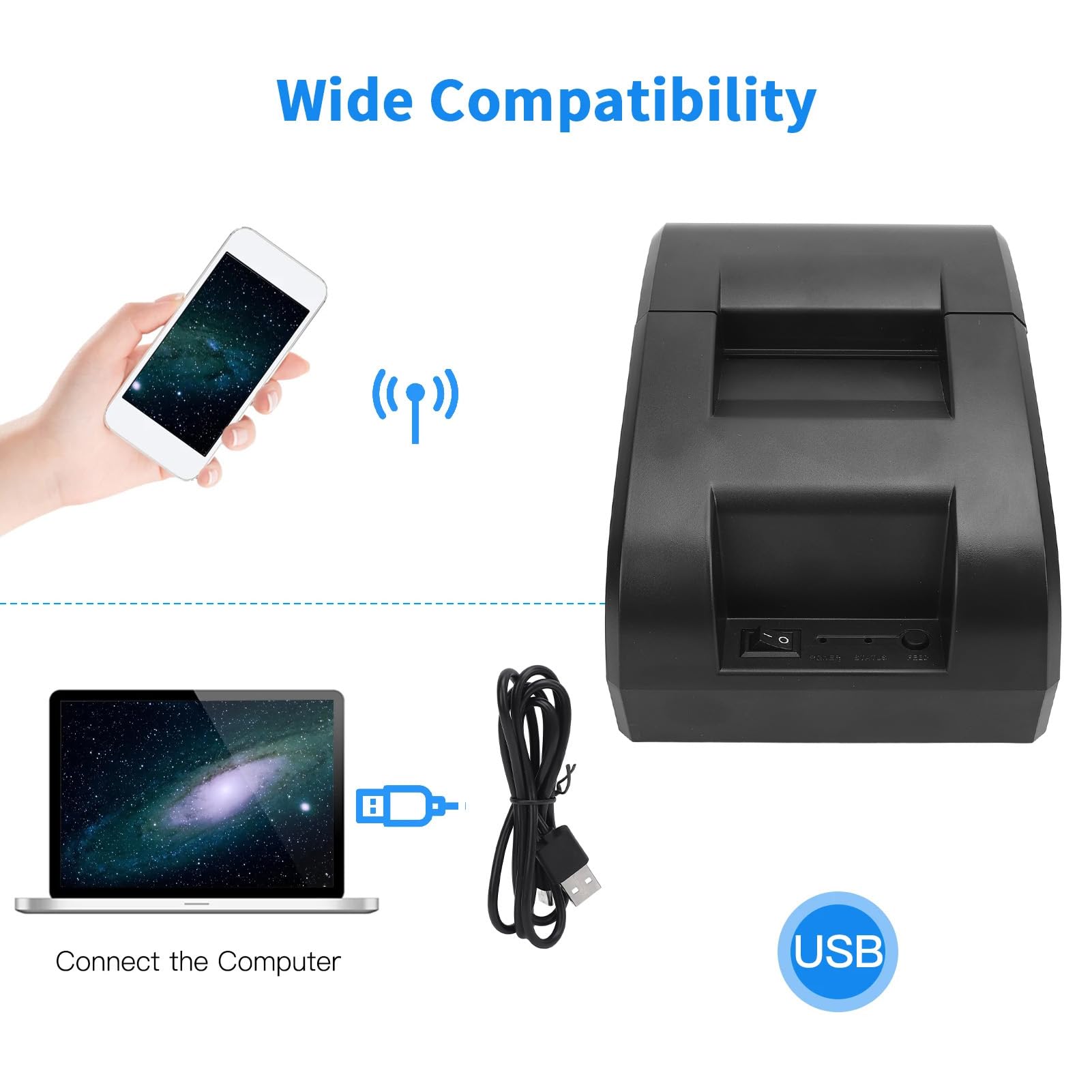 XUMIUZIY Impresora Térmica de Recibos, Impresora Térmica de Recibos de Impresión de Alta Velocidad de 58 Mm y 203 PPP, Conexión USB o Bluetooth, Compatible con Múltiples Sistemas, para (Enchufe de