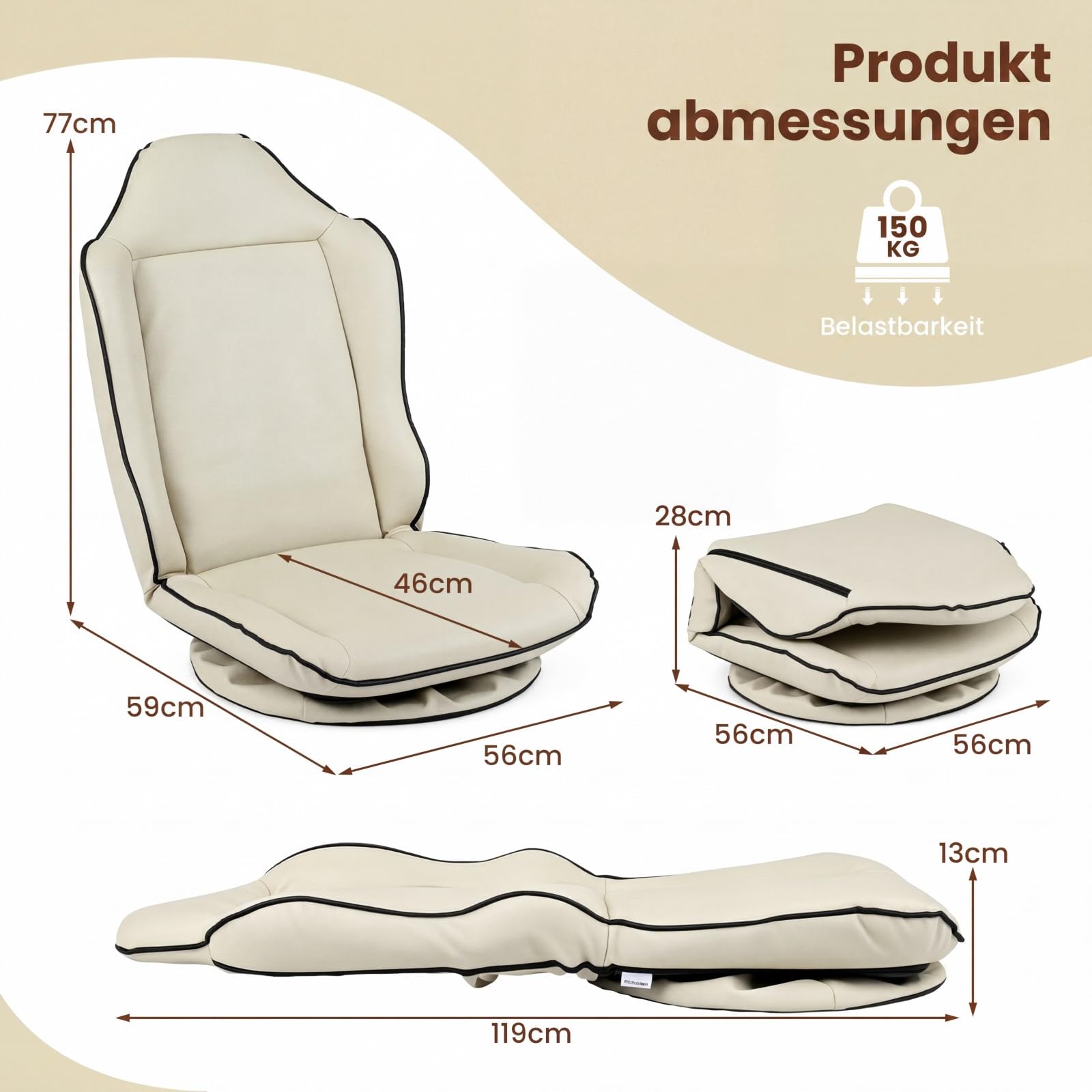 COSTWAY Fotel podłogowy, obracany o 360°, krzesło podłogowe z regulowanym oparciem | Ergonomiczny fotel gamingowy z wyściełanym siedziskiem, składane krzesło do medytacji obciążenie do 150 kg, do domu i biura