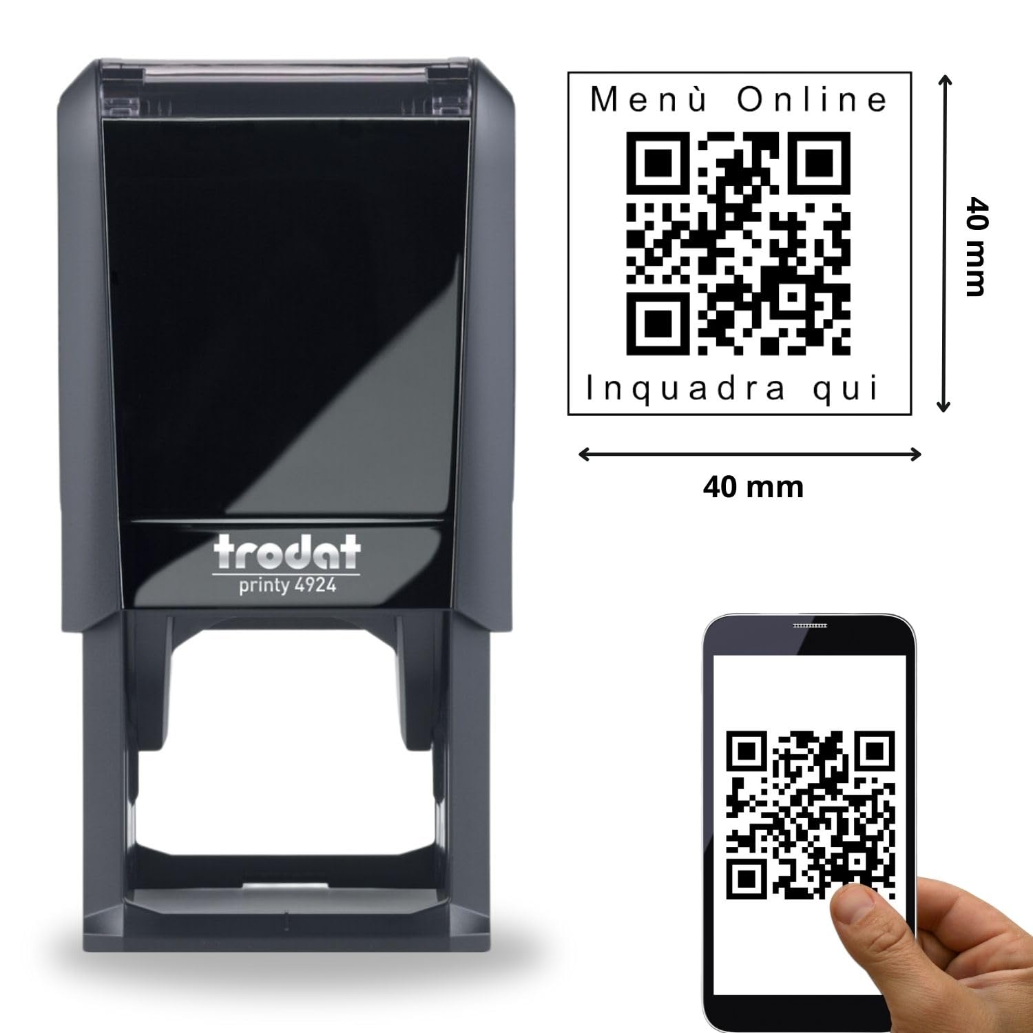 Trodat Timbro Autoinchiostrante Personalizzato con QR Code, Printy 4924, per Uffici, Aziende, Eventi, Cerimonie, Pizzerie, Bar e Ristoranti, Biglietti da Visita e Badge (40x40 mm - Quadrato)