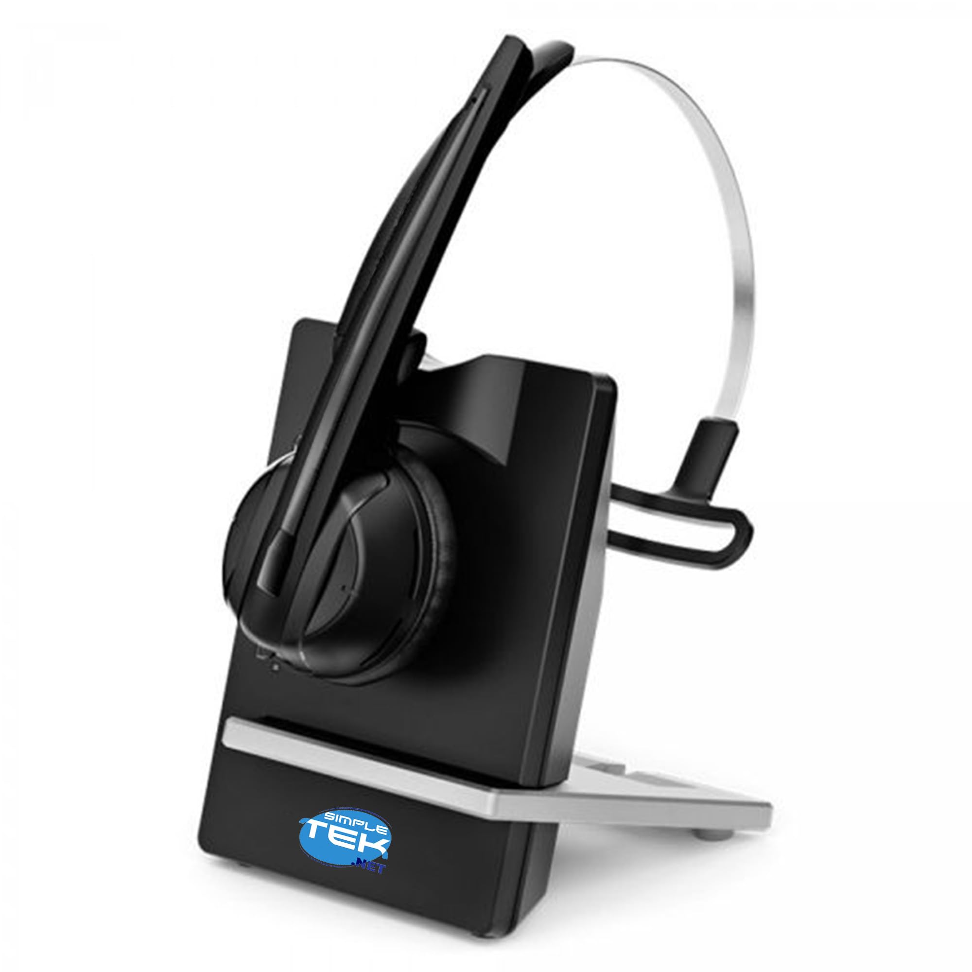 SIMPLETEK - Cuffia mono wireless DECT con base, microfono a cancellazione del rumore, compatibile con telefoni fissi e softphone via USB, cavo RJ9 e alimentatore UK inclusi