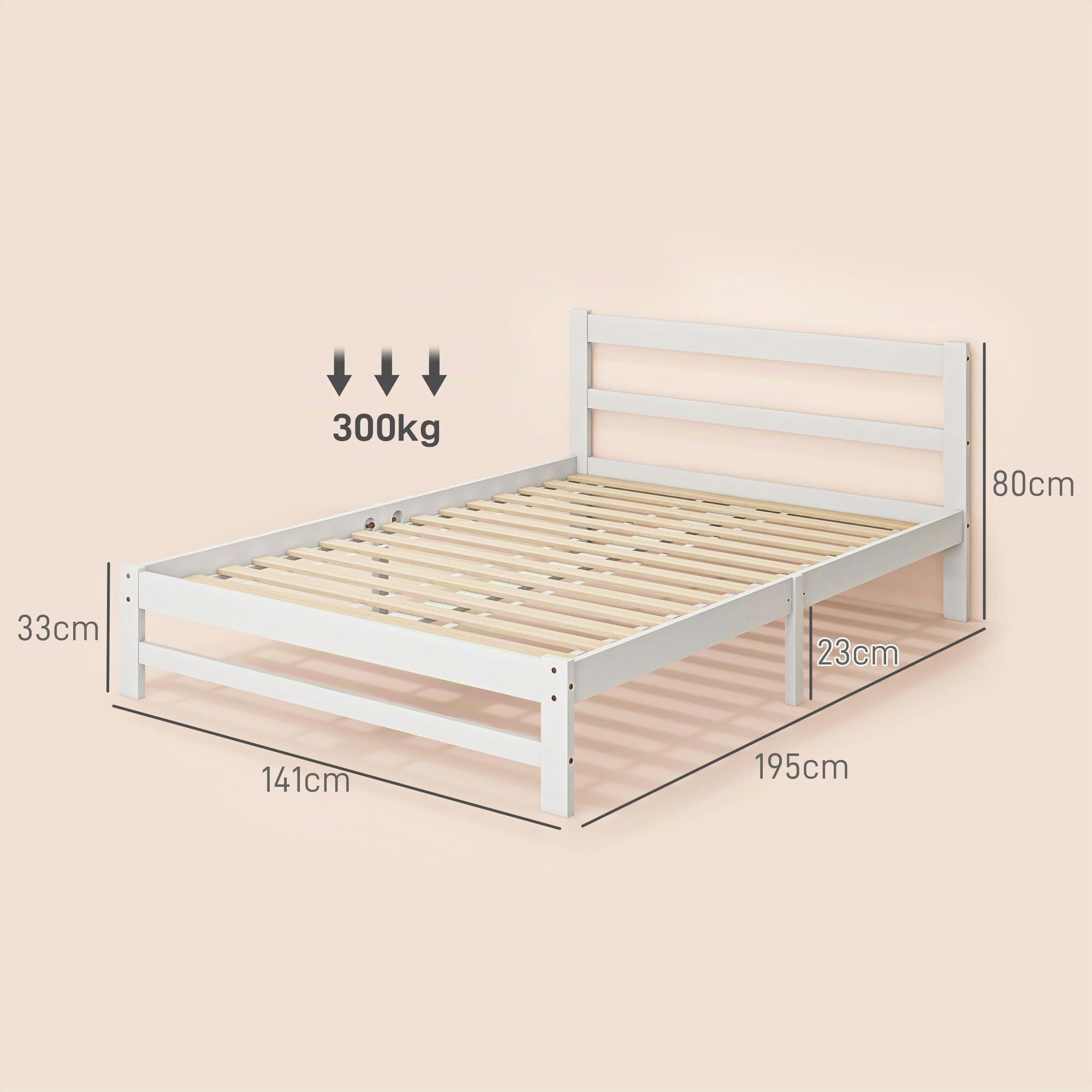 HOMCOM Marco de Cama de Madera con Somier Doble 195x141 cm 300 kg Blanco | Estructura de Cama Doble, para Colchón de 135x190 cm, No Incluido