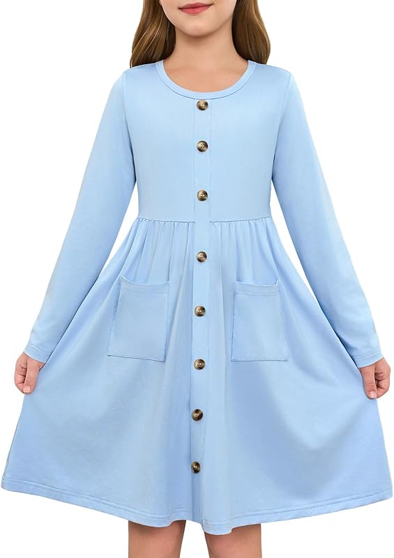 Girls Dresses Kids Button Down Midi Long Sleeve Casual A Line Dress with Pockets 4-14 Years