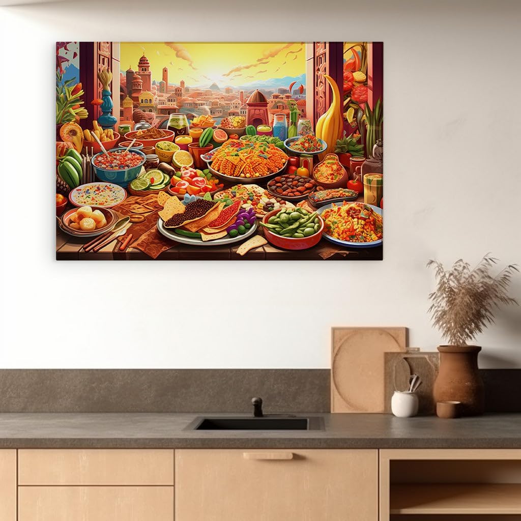 Canvas for Living room. Feast Your Eyes on a Lavish Spread Against the Backdrop of a Cityscape Vibrance, 27 x 18 inch Canvas Wall Art - Photographic Simplicity - Modern Home Decor