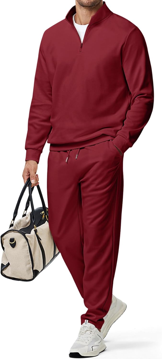 JMIERR 2025 Men Fall Tracksuit 2 Piece Set Old Money Polo Quarter Zip Twill Sweatsuits Jogging Sweatpants Loungewear